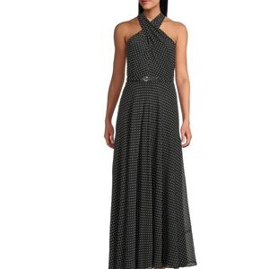 Lauren Ralph Lauren Polka Dot Belted Georgette Halter Gown